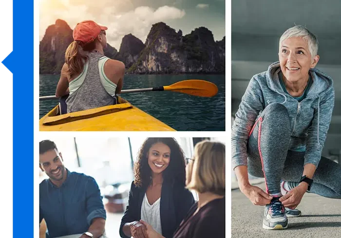 Collage showing a woman kayaking on a mountain lake, three people having a conversation, and an older woman tying her running shoe.