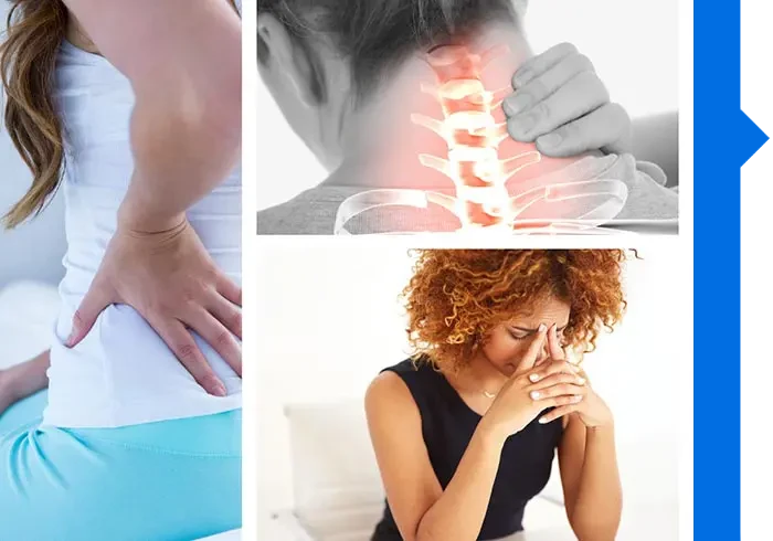 Collage showing a woman holding her lower back, a person experiencing neck pain, and a woman holding her forehead in discomfort.